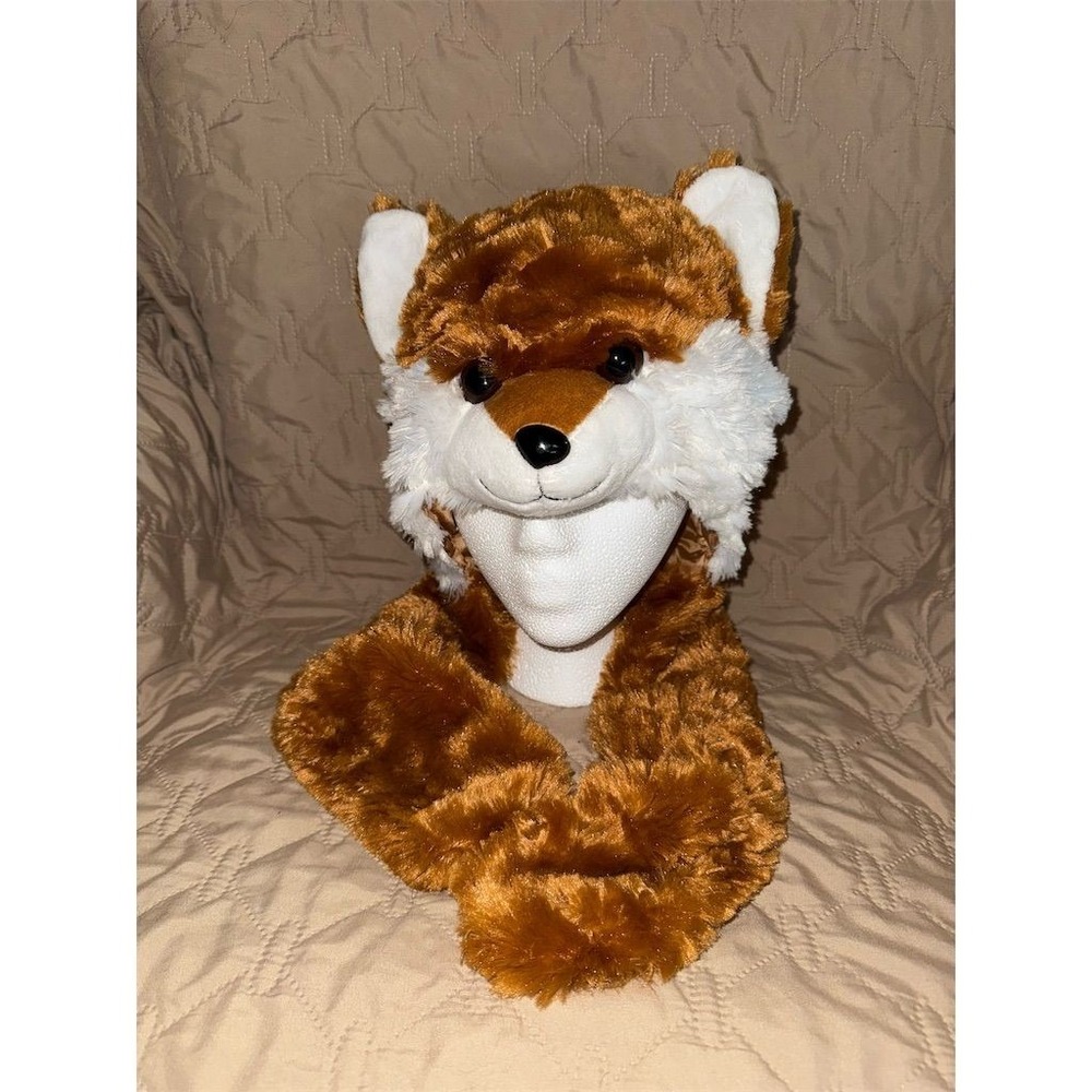 Fun & Cozy Fox Plush Hat with Ear Flaps‎ and Paws for Adults makes furry scarf